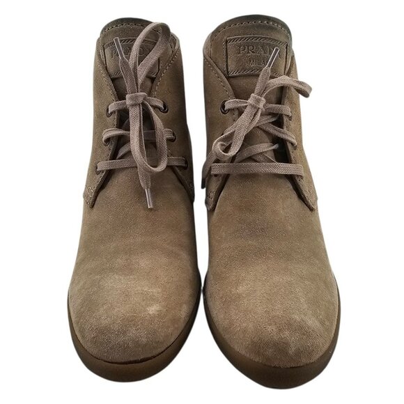 Prada Womens 39 Linnea Rossa‎ Desert Wedge Suede Ankle Booties - Picture 9 of 16